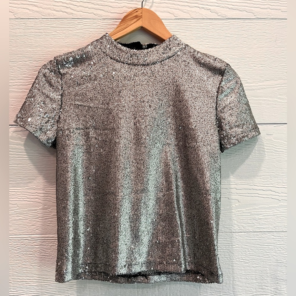 NWOT Zara silver Sequin top with zip up back size Small